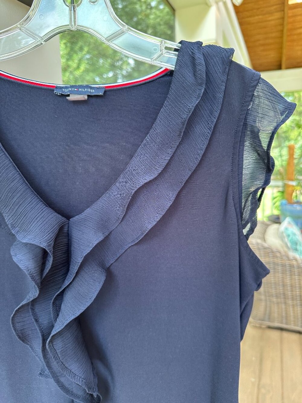 Tommy Hilfiger Navy Blue VNeck Flutter Sleeve Mixed Media Ruffle Blouse Top Sz L